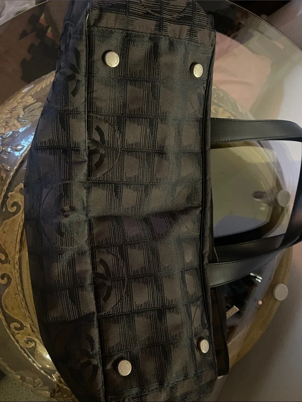 CHANEL Black and Brown Logo Jacquard Tote with Leather Handles
